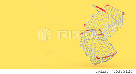 Set of metal wire basket from supermarket for online shopping on yellow. 95355120
