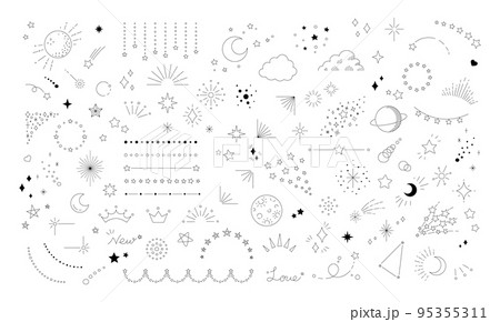 星のイラスト素材セット, 宇宙をテーマにしたデザイン用の装飾, 星空の輝き, 白背景に黒色の線画. 95355311