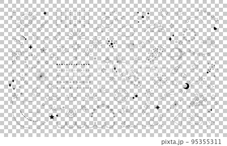 星のイラスト素材セット, 宇宙をテーマにしたデザイン用の装飾, 星空の輝き, 白背景に黒色の線画. 95355311