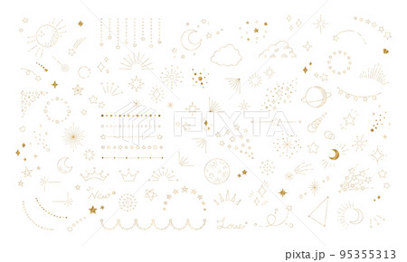星のイラスト素材セット, 宇宙をテーマにしたデザイン用の装飾, 輝く星空, 白背景に金色の線画. 95355313
