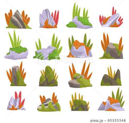 Mossy Solid Stone or Boulder with Grass Big Vector Set Mossy Solid Stone or Boulder with Grass Big Vector Set 95355348