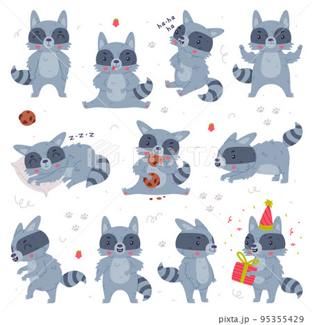 Funny Raccoon Animal Character with Striped Tail Engaged in Different Activity Vector Set 95355429