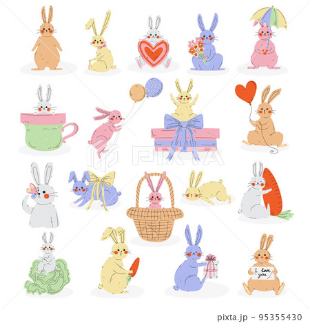 Cute Rabbit or Bunny with Long Ears Engaged in Different Activity Big Vector Set 95355430