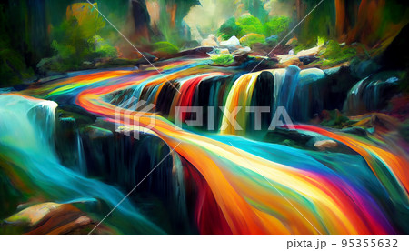 Colorful river stream in the forest. Digital illustration. 95355632