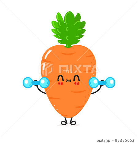 Cute funny carrot character with dumbbells. Vector hand drawn cartoon kawaii character illustration icon. Isolated on white background. Carrot character gym concept Cute funny carrot character with dumbbells. Vector hand drawn cartoon kawaii character illustration icon. Isolated on white background. Carrot character gym concept 95355652