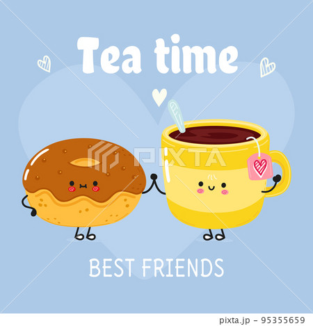 Cute happy cup of tea and donut card. Vector hand drawn doodle style cartoon character illustration icon design. Happy cup of tea and chocolate donut friends concept card 95355659