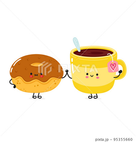 Cute happy cup of tea and donut card. Vector hand drawn doodle style cartoon character illustration icon design. Happy cup of tea and chocolate donut friends concept card Cute happy cup of tea and donut card. Vector hand drawn doodle style cartoon character illustration icon design. Happy cup of tea and chocolate donut friends concept card 95355660