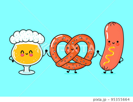 Cute, funny happy glass of beer, pretzel and sausage with mustard. Vector hand drawn cartoon kawaii characters, illustration. Funny cartoon glass of beer, pretzel and sausage mustard mascot friends Cute, funny happy glass of beer, pretzel and sausage with mustard. Vector hand drawn cartoon kawaii characters, illustration. Funny cartoon glass of beer, pretzel and sausage mustard mascot friends 95355664