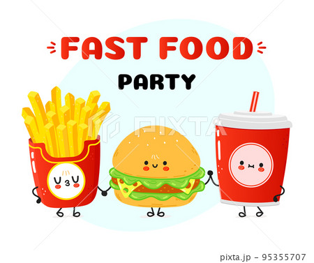 Cute happy hamburger french fries cola card. Vector hand drawn doodle style cartoon character illustration icon design. Happy hamburger french fries cola friends concept card 95355707