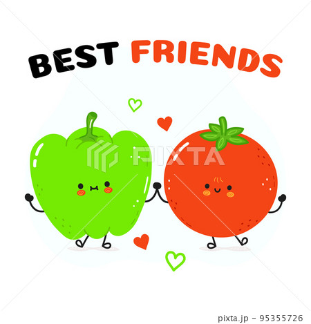 Green pepper and tomato card. Vector hand drawn doodle style cartoon character illustration icon design. Happy green pepper and tomato friends concept card Green pepper and tomato card. Vector hand drawn doodle style cartoon character illustration icon design. Happy green pepper and tomato friends concept card 95355726