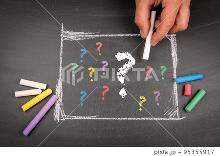 Many question marks on the blackboard, FAQs, question analysis, education concept 95355917