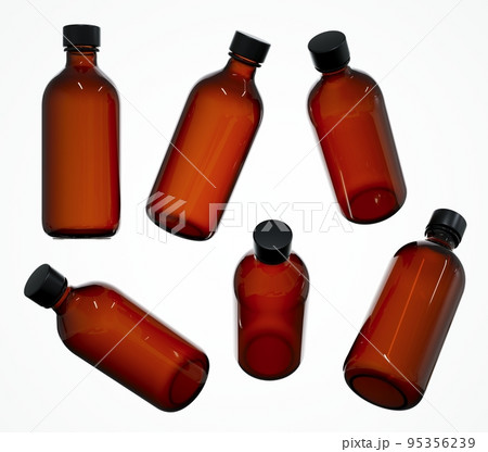 Cosmetic bottles several views 3D render, different angles of care product container template on white background isolated, design and branding ready brown glass bottle with cap 95356239
