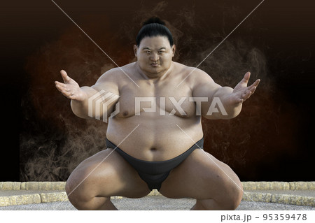 大きな体躯の力士が蹲踞をして土俵の上で両手を広げている 95359478