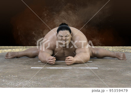 大きな体躯の力士が土俵の上で伝統の股割りをしている 大きな体躯の力士が土俵の上で伝統の股割りをしている 95359479