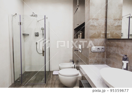 Modern bathroom in white and gray tones with mosaic on wide angle view Modern bathroom in white and gray tones with mosaic on wide angle view 95359677