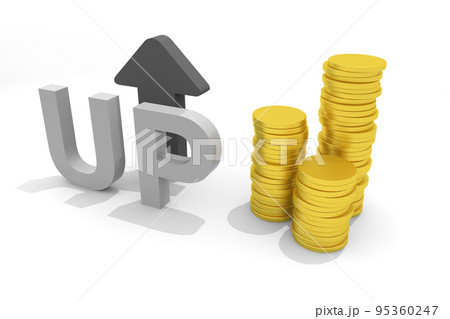 価格がアップする。お金のイメージ。アップの立体文字と矢印。 価格がアップする。お金のイメージ。アップの立体文字と矢印。 95360247