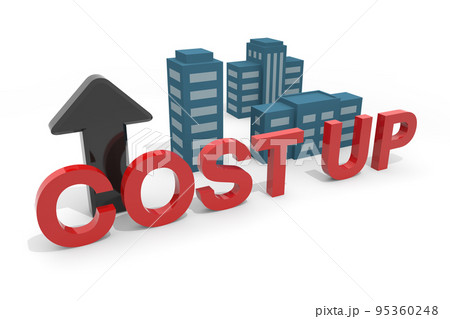 コストアップのイメージ。高層ビルが立ち並ぶ。上むきの矢印。 コストアップのイメージ。高層ビルが立ち並ぶ。上むきの矢印。 95360248