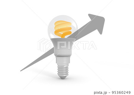 電気代が上がる。電球と上向きの矢印。 電気代が上がる。電球と上向きの矢印。 95360249