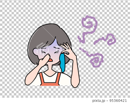 A woman in an apron who frowns at the smell of socks 95360421
