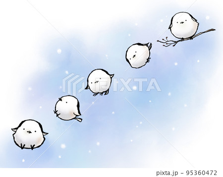 枝から降りるシンプルでかわいいシマエナガのイラスト素材（水彩・雪の