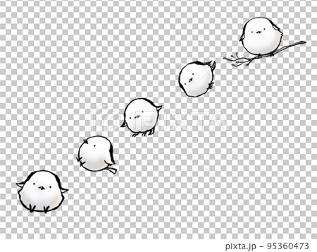枝から連なって降りるシンプルでかわいいシマエナガの水彩イラスト 95360473