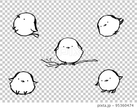 シンプルでかわいいシマエナガの筆絵風イラストセット シンプルでかわいいシマエナガの筆絵風イラストセット 95360474