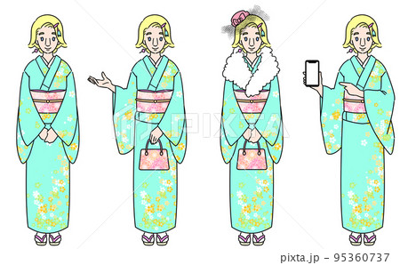 着物を着た金髪女性セット　インバウンドのイラスト 95360737