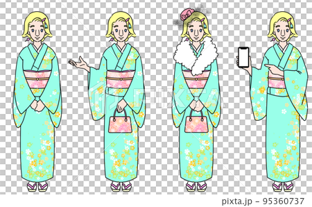 着物を着た金髪女性セット　インバウンドのイラスト 95360737