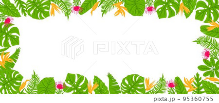 Panoramic Frame from tropical leaves, palms, plants, flowers, monstera. Botanical exotic plants elements. Vector illustration isolated on white background. 95360755