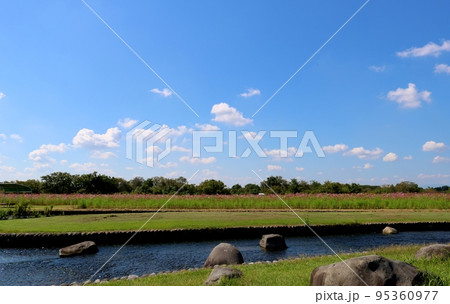 秋の穏やかな日　爽やかな河川敷を散歩する　鬼怒川 95360977