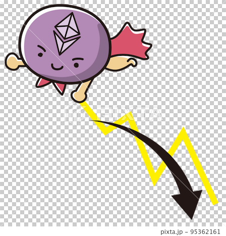 仮想通貨イーサリアム（ETH）ヒーローのイラストと下降するチャート 95362161