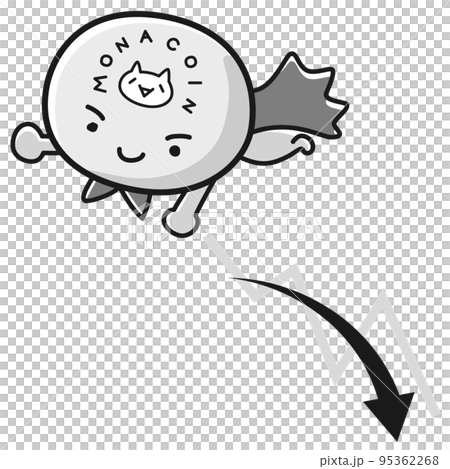 仮想通貨モナコイン(MONA)ヒーローのイラストと下降するチャート(白黒) 仮想通貨モナコイン(MONA)ヒーローのイラストと下降するチャート(白黒) 95362268