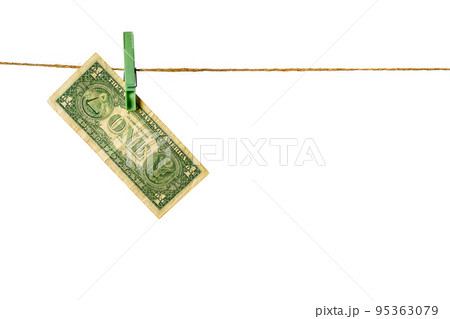 Money laundering. Dollar banknotes hanging on clothesline isolated on white background 95363079