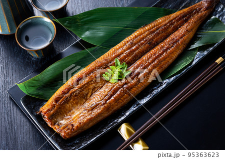 国産うなぎの蒲焼きと日本酒 95363623