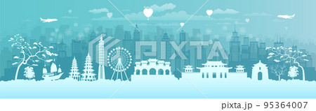 Travel landmarks Taiwan with silhouette architecture background, Taiwan day anniversary. 95364007