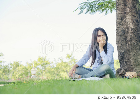 Stress asian women headache have migraine feeling temples stressfull upset depressed. Strong headache migraine exhausted young girl. Office syndrome unhealthy Tension person. Woman headache concept 95364809