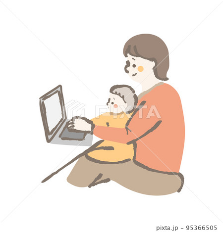 在宅ワーク　子育て　仕事　パソコン　イラスト　女性 95366505