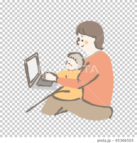 在宅ワーク　子育て　仕事　パソコン　イラスト　女性 95366505