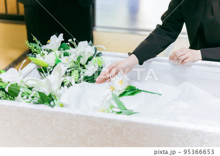 棺桶に花を入れる遺族 棺桶に花を入れる遺族 95366653