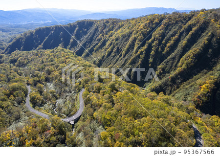 紅葉の秋 ニセコ 新見峠を空撮 95367566