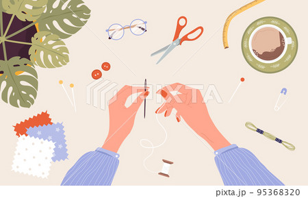 Female hands insert thread into needle. Woman create outfit. Top view. Needlework and hobbies. Handmade clothes. Fashion designer or dressmaker. Vector illustration in flat cartoon style 95368320