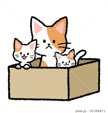 段ボール箱に入れられて捨てられた猫の親子のイラスト素材 [95368871