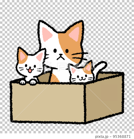 段ボール箱に入れられて捨てられた猫の親子のイラスト素材 [95368871