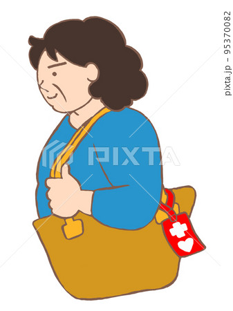 バッグにヘルプマークをつけて外出している統合失調症の女性のイラスト 95370082