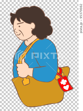 バッグにヘルプマークをつけて外出している統合失調症の女性のイラスト 95370082