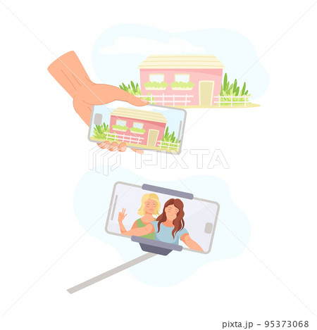 Smartphone with Hand and Selfie Stick Recording Video with Camera Filming Picture on Screen Vector Set Smartphone with Hand and Selfie Stick Recording Video with Camera Filming Picture on Screen Vector Set 95373068