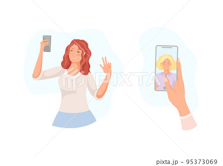Young Woman with Smartphone Recording Video with Camera Filming Selfie Picture Vector Set 95373069