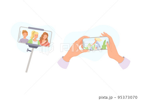 Smartphone with Hand and Selfie Stick Recording Video with Camera Filming Picture Vector Set Smartphone with Hand and Selfie Stick Recording Video with Camera Filming Picture Vector Set 95373070