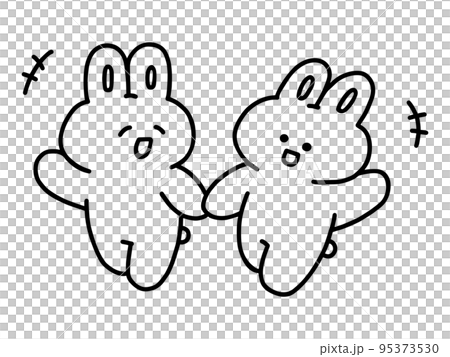 A friendly rabbit walking while holding hands / line drawing / monochrome 95373530