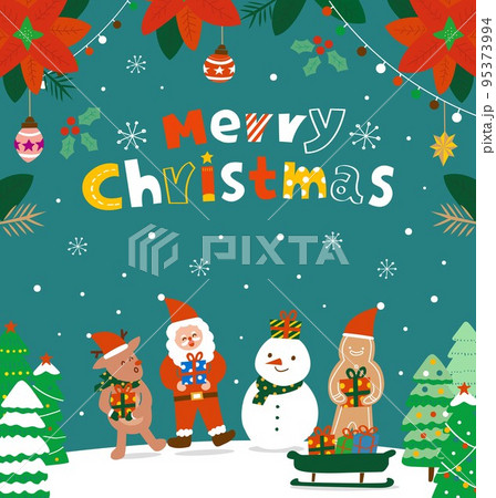 Merry Christmas; Santa Claus, gingerbread, reindeer and snowman celebrate Xmas 95373994